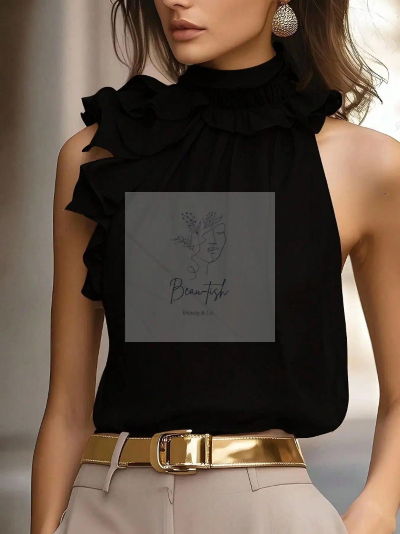 Ruffle High Neck Sleeveless Top