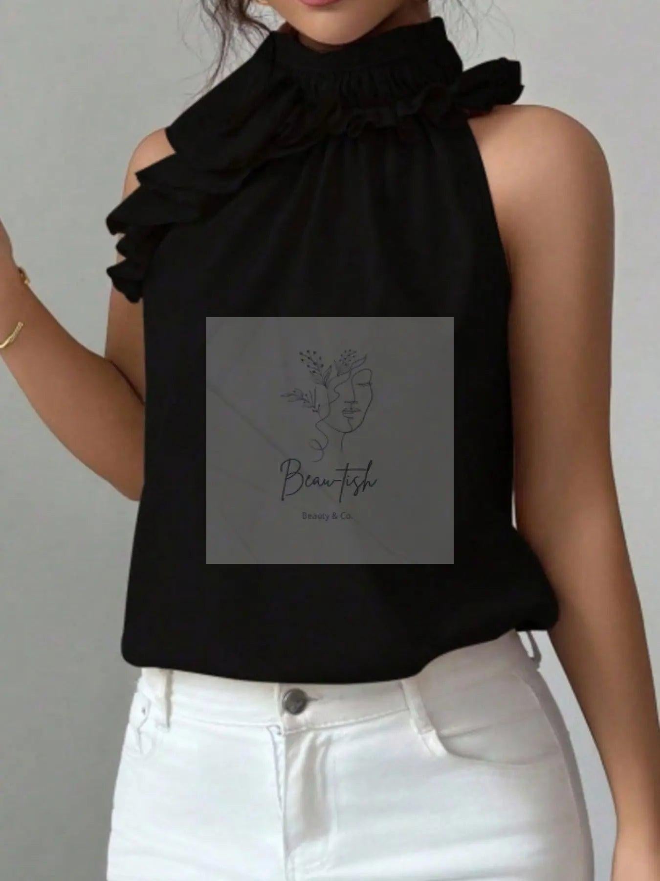 Ruffle High Neck Sleeveless Top