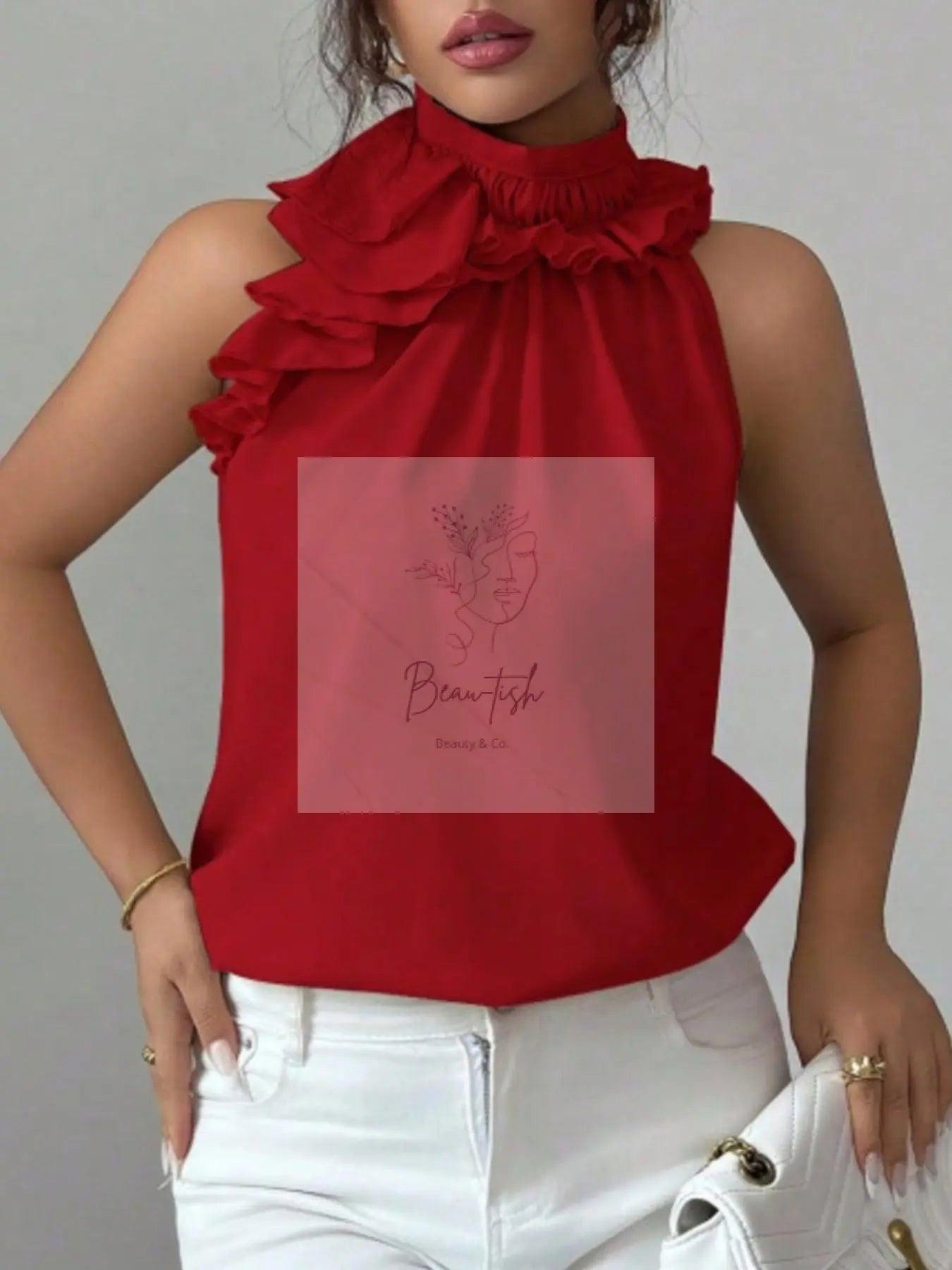 Ruffle High Neck Sleeveless Top