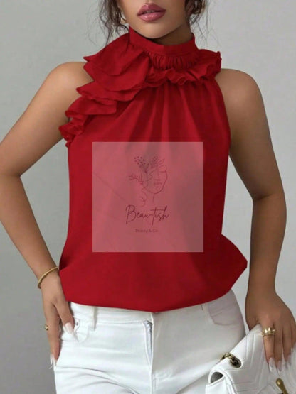 Ruffle High Neck Sleeveless Top