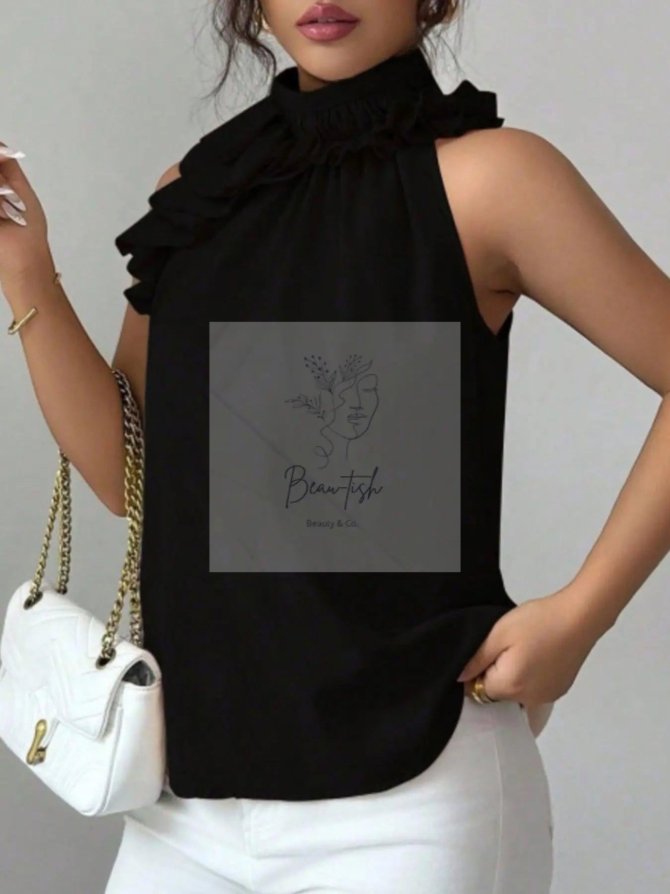 Ruffle High Neck Sleeveless Top