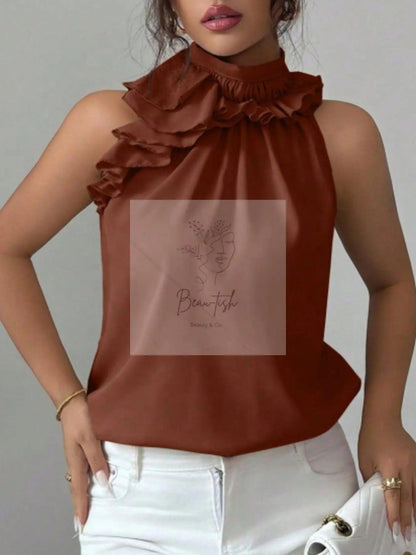 Ruffle High Neck Sleeveless Top