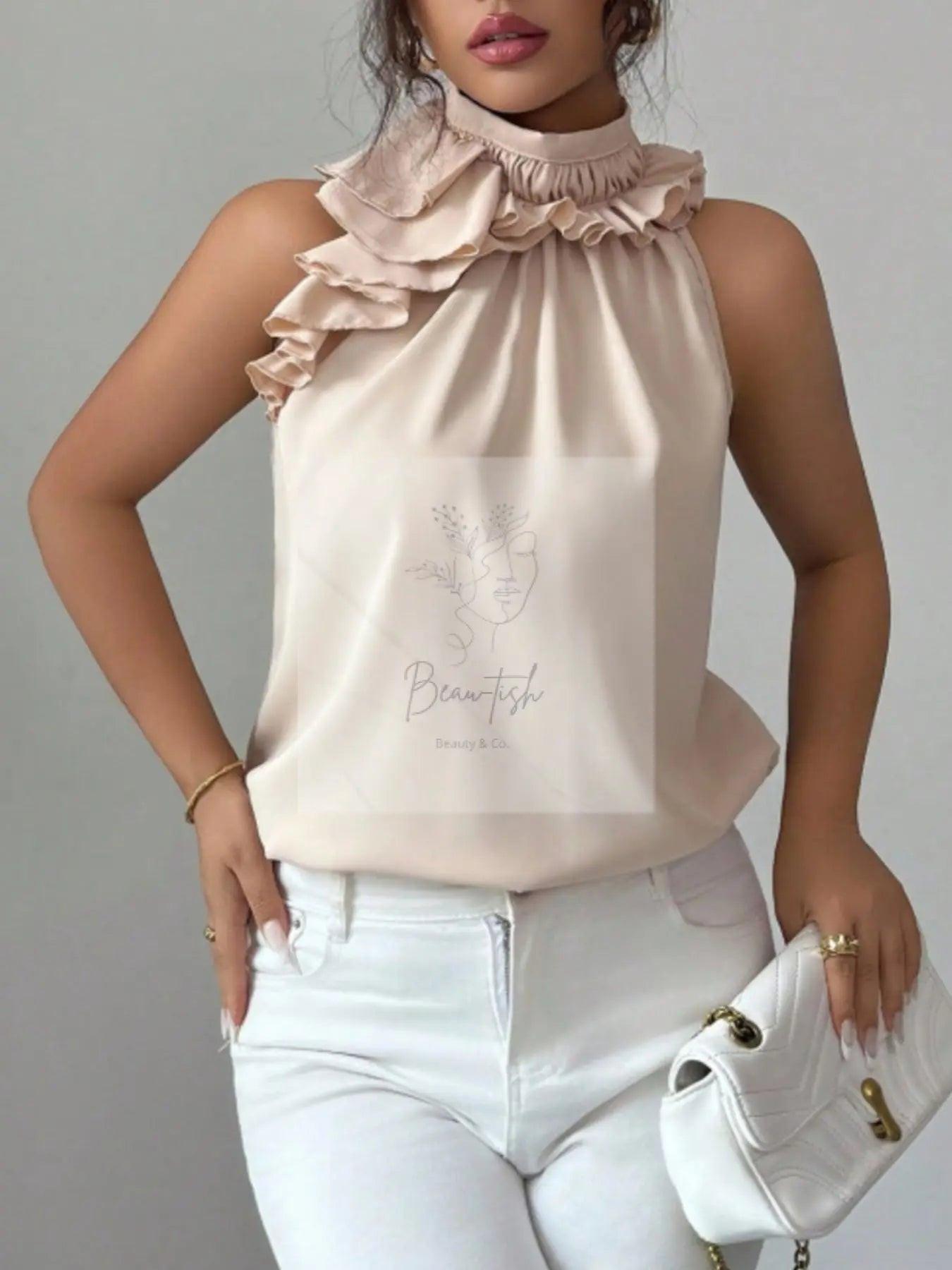 Ruffle High Neck Sleeveless Top