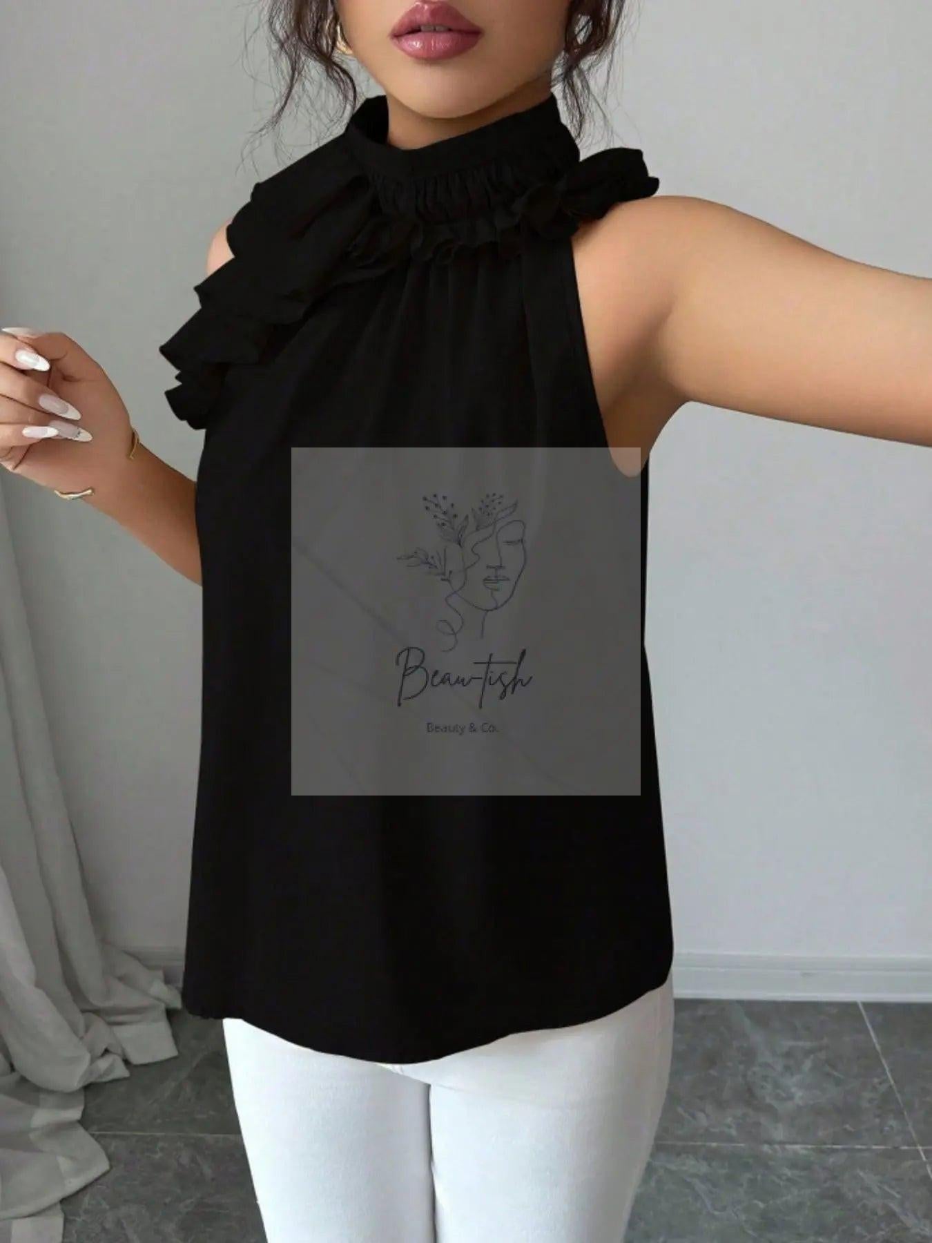 Ruffle High Neck Sleeveless Top