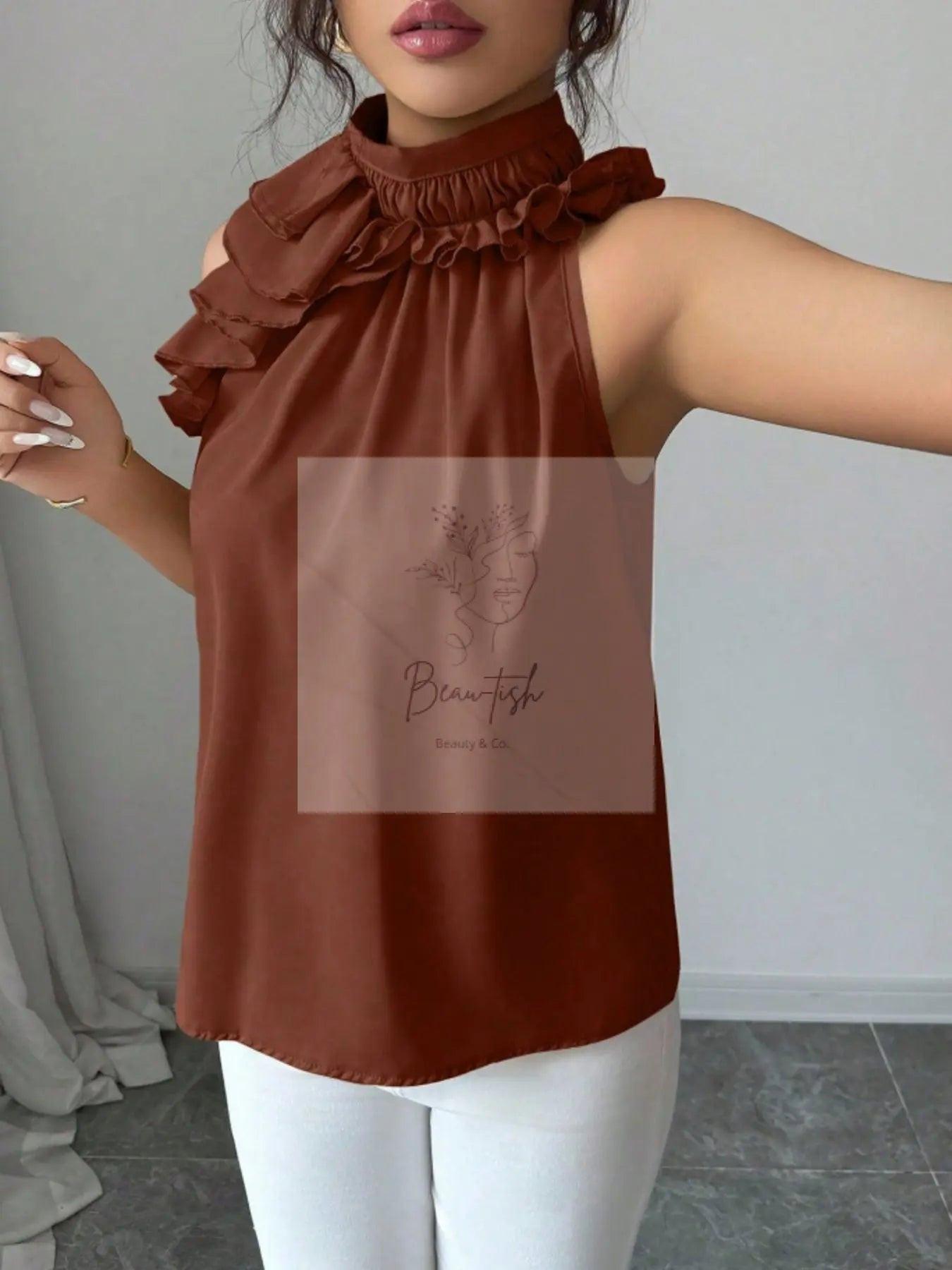 Ruffle High Neck Sleeveless Top