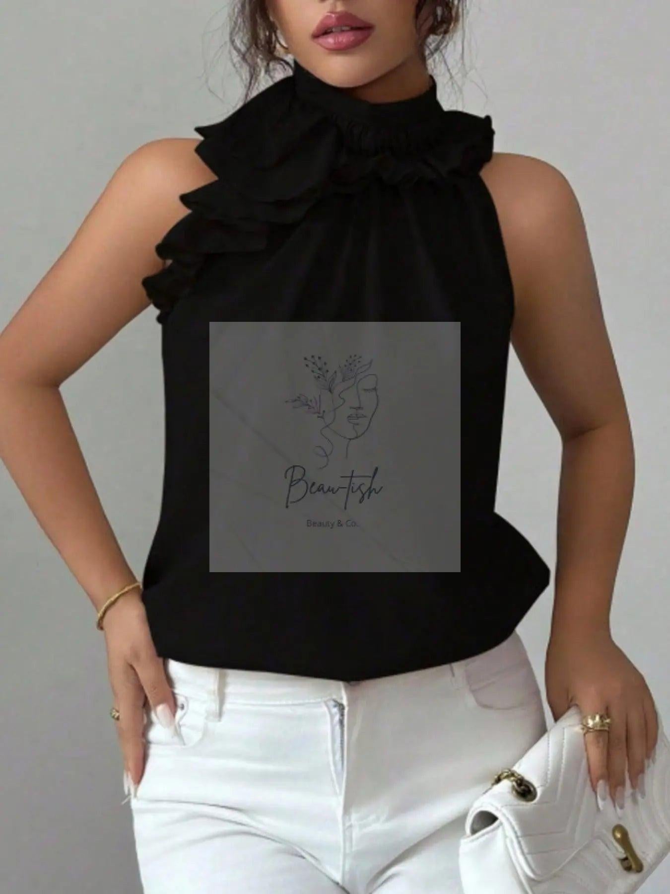 Ruffle High Neck Sleeveless Top