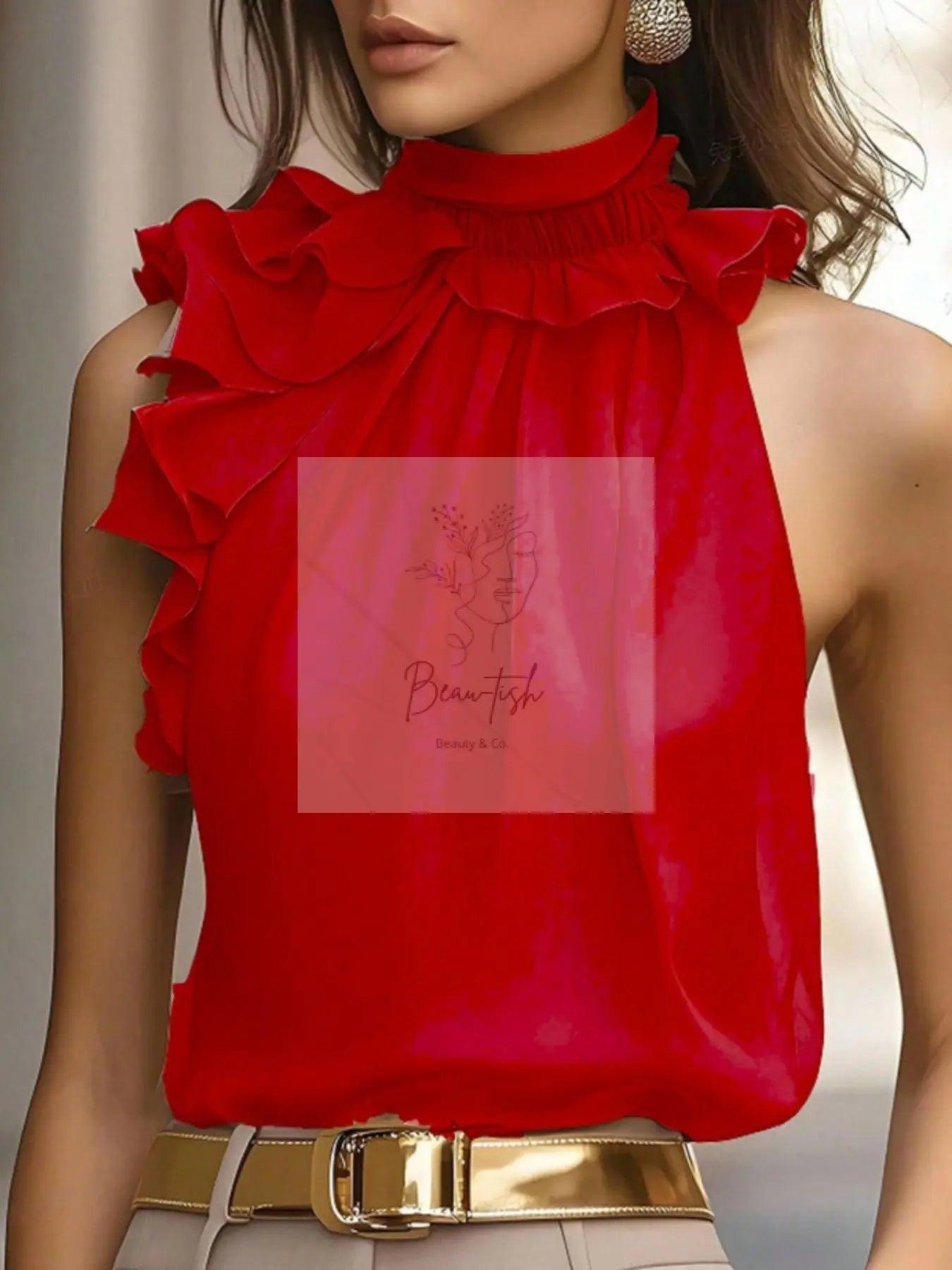 Ruffle High Neck Sleeveless Top