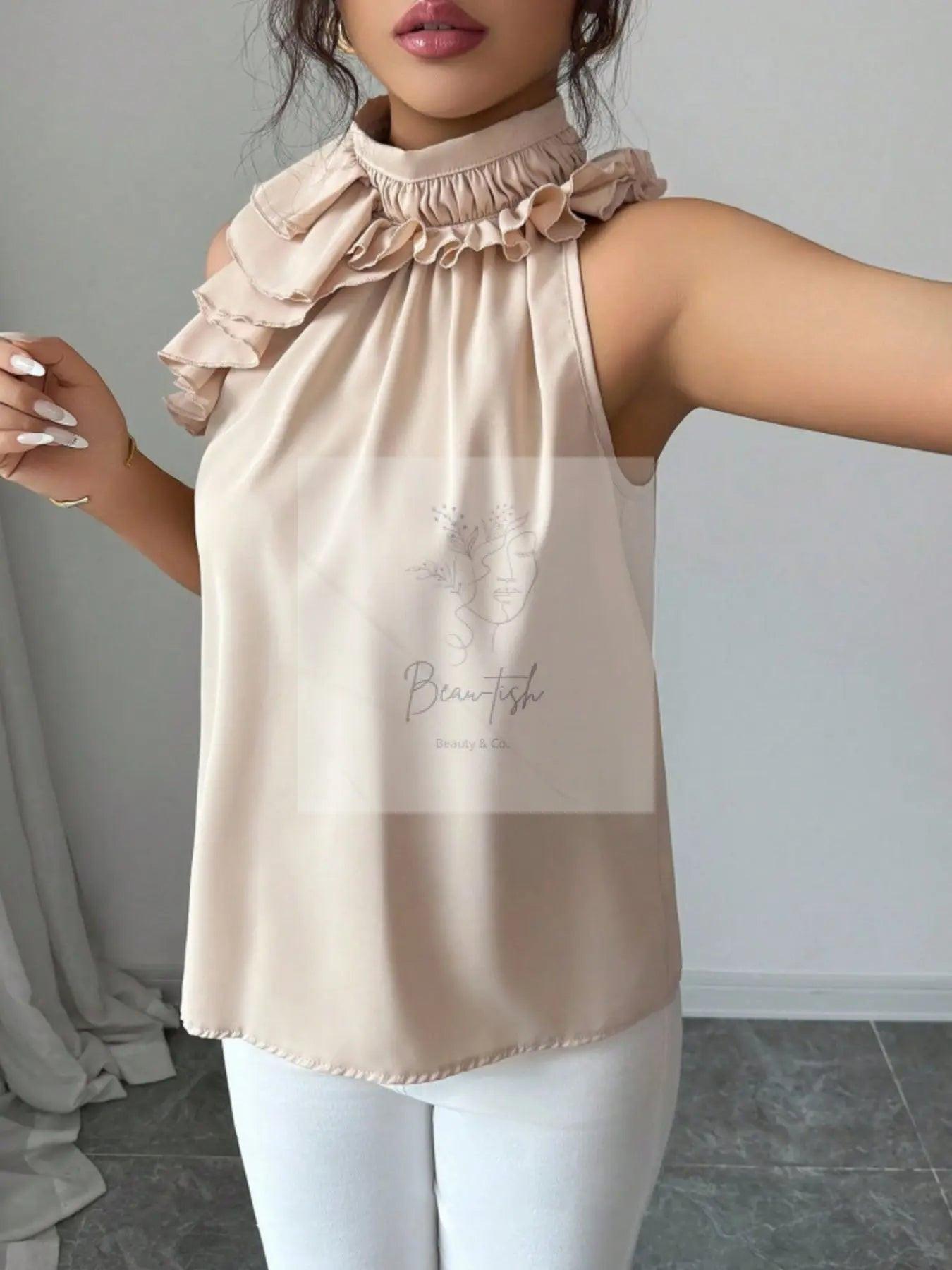 Ruffle High Neck Sleeveless Top