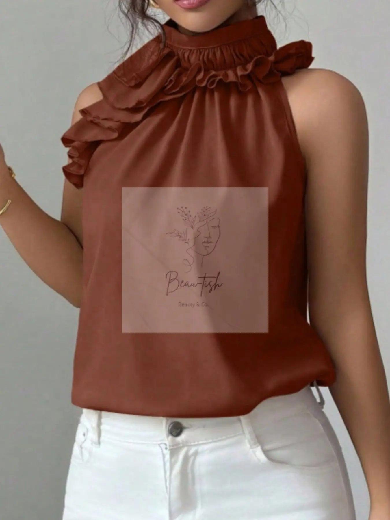 Ruffle High Neck Sleeveless Top