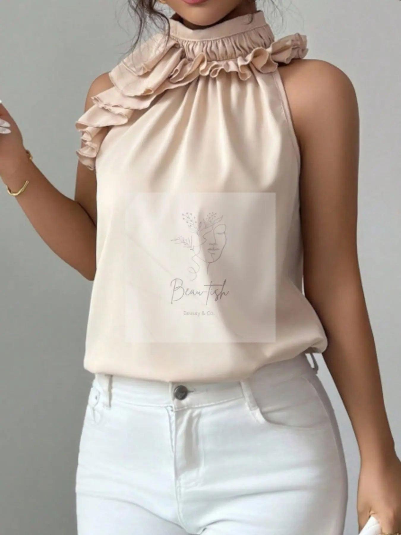 Ruffle High Neck Sleeveless Top