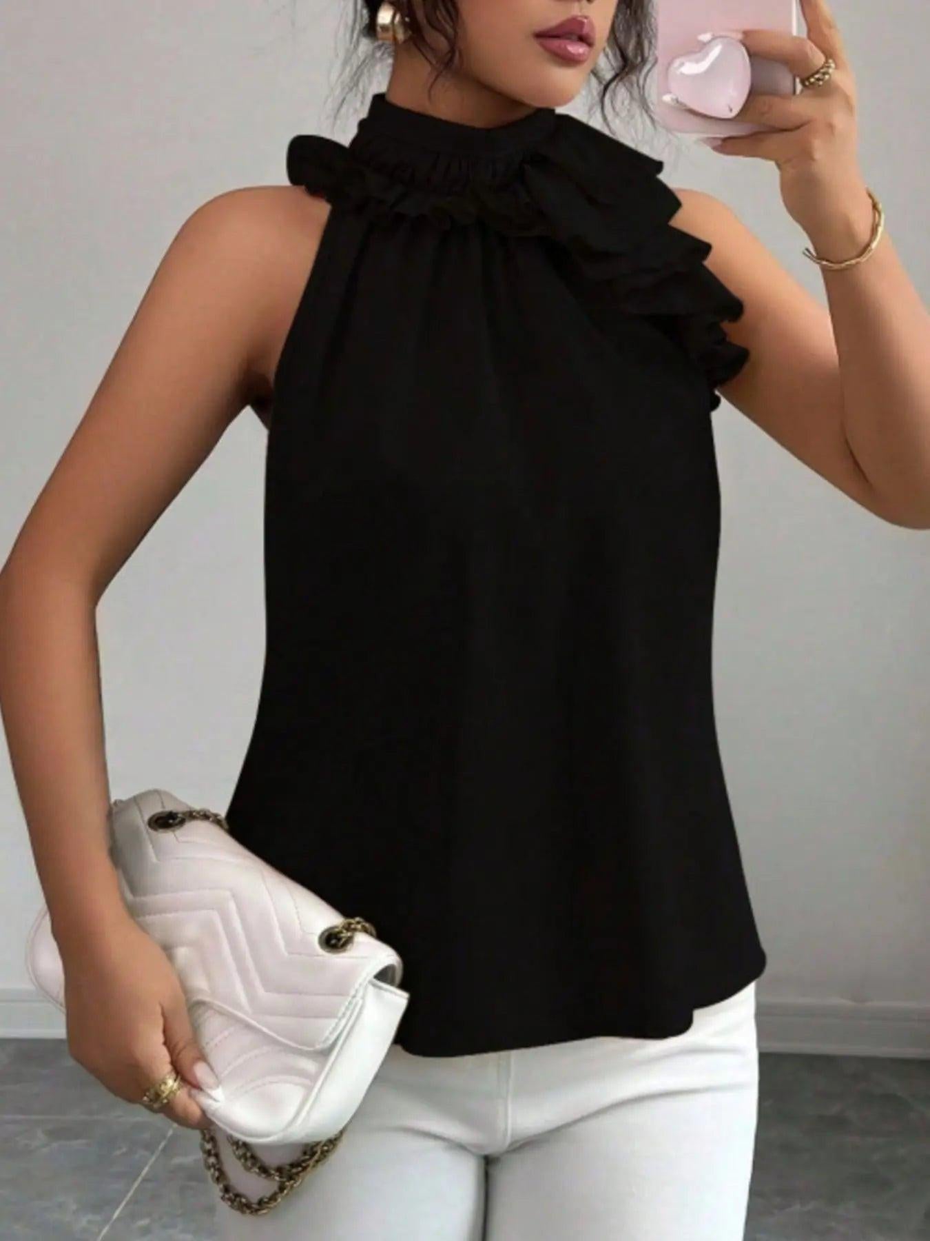 Ruffle High Neck Sleeveless Top