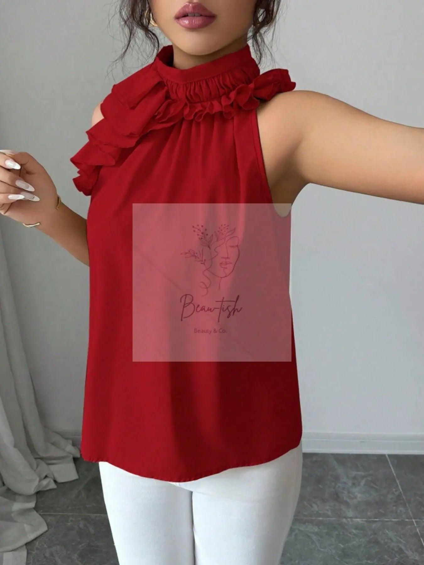 Ruffle High Neck Sleeveless Top