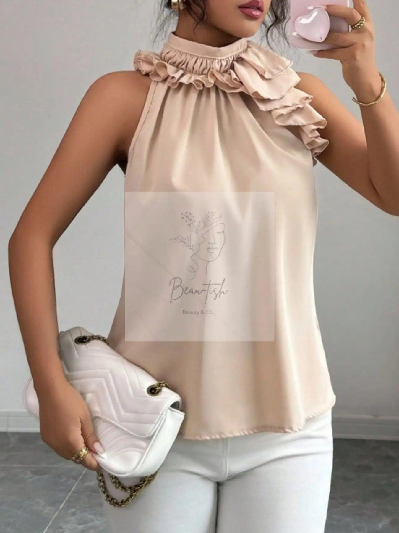 Ruffle High Neck Sleeveless Top