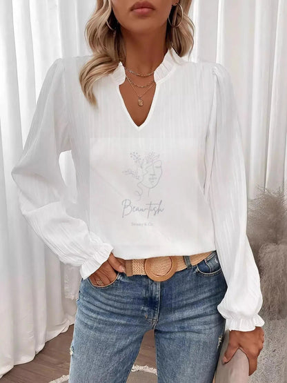 Ruffle Notched Long Sleeve Blouse