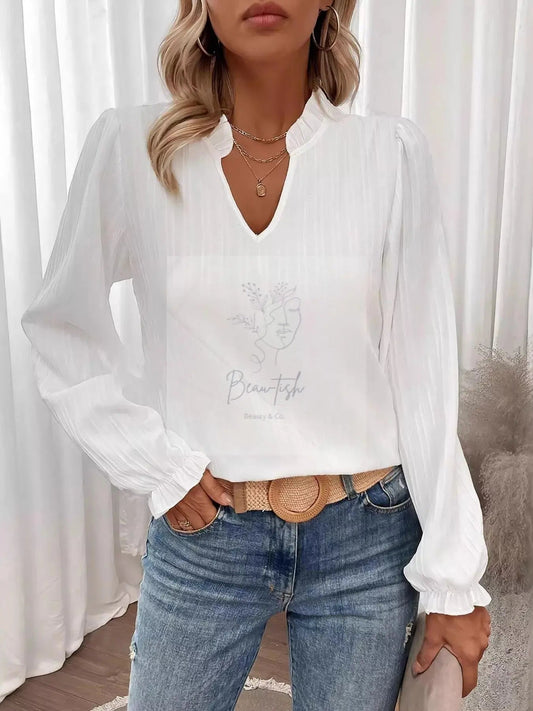 Ruffle Notched Long Sleeve Blouse