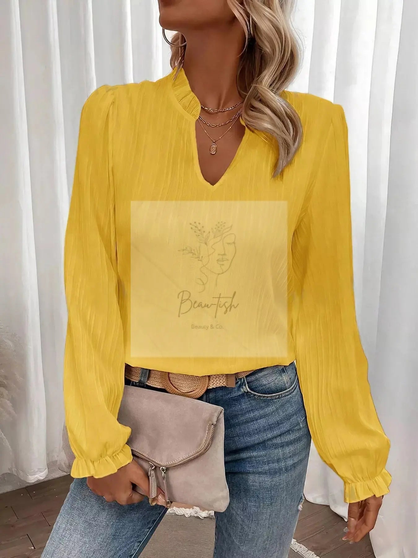 Ruffle Notched Long Sleeve Blouse