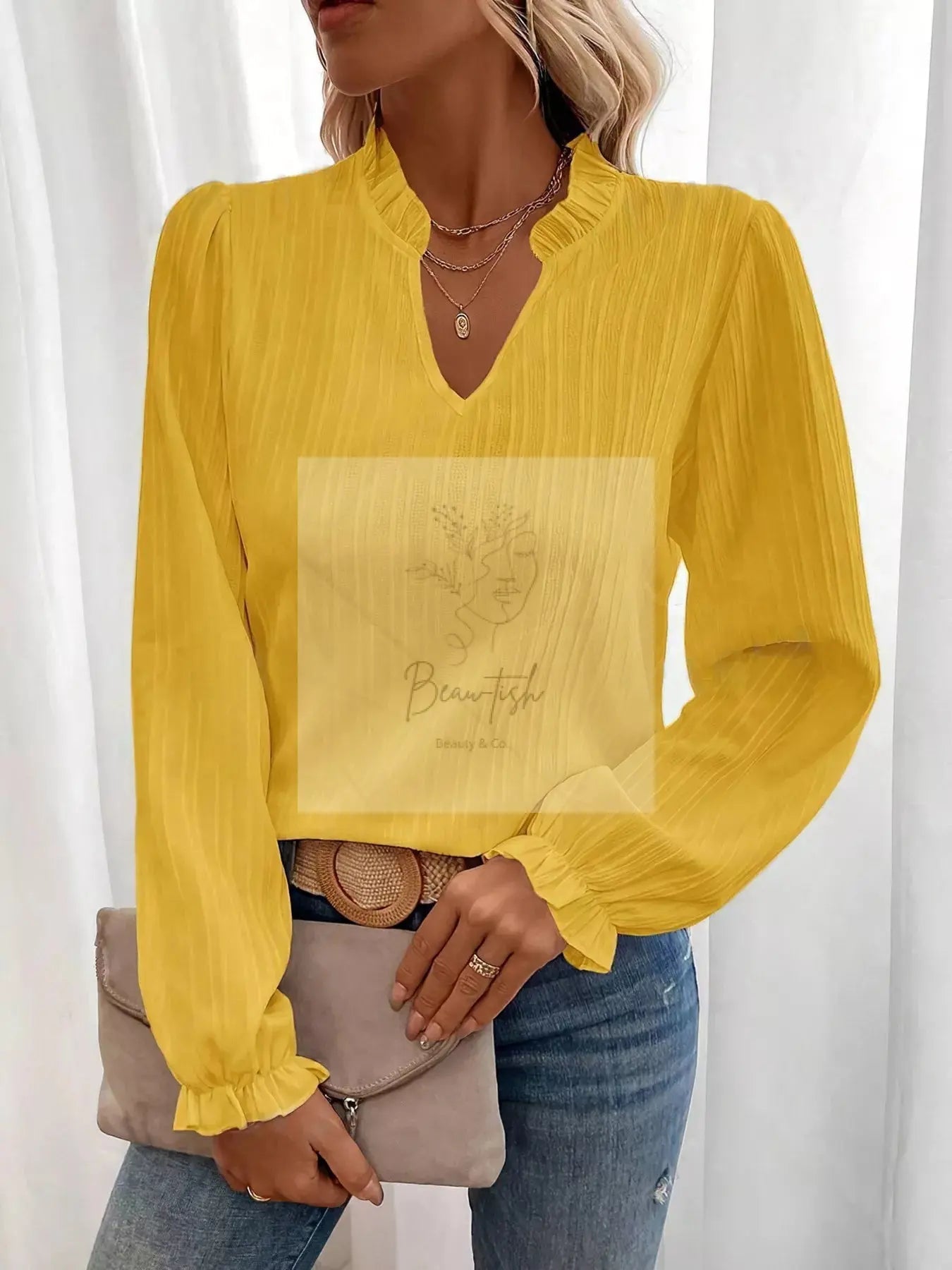 Ruffle Notched Long Sleeve Blouse