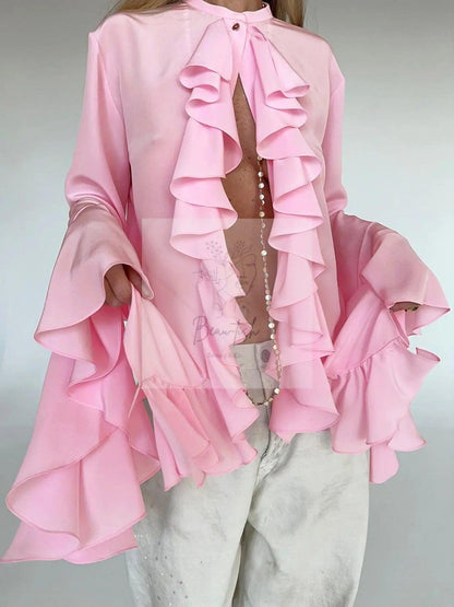 Ruffle Trim Flounce Sleeve Blouse