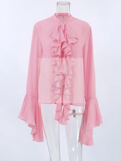 Ruffle Trim Flounce Sleeve Blouse