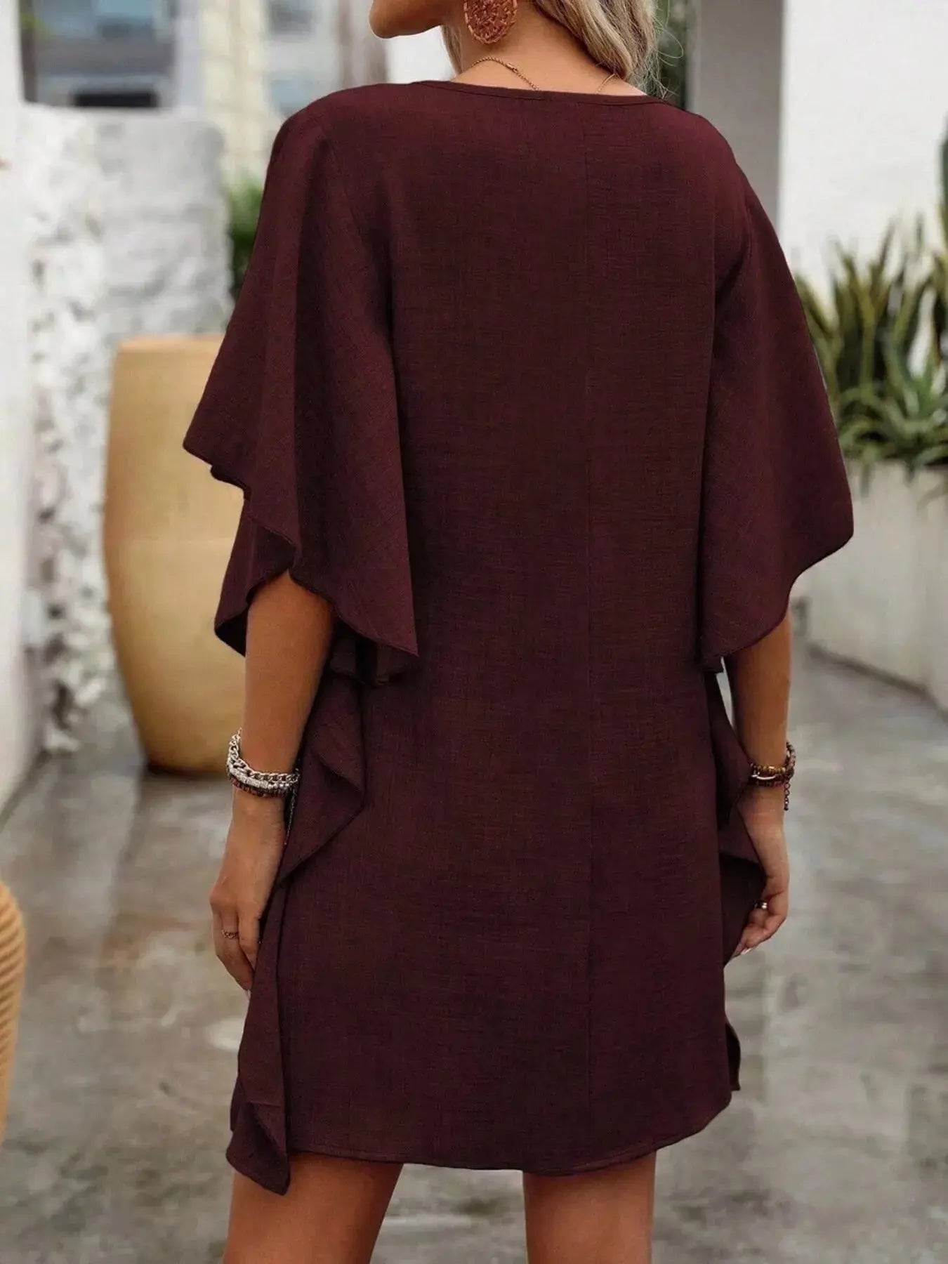 Ruffled Flutter Sleeve V - Neck Mini Dress