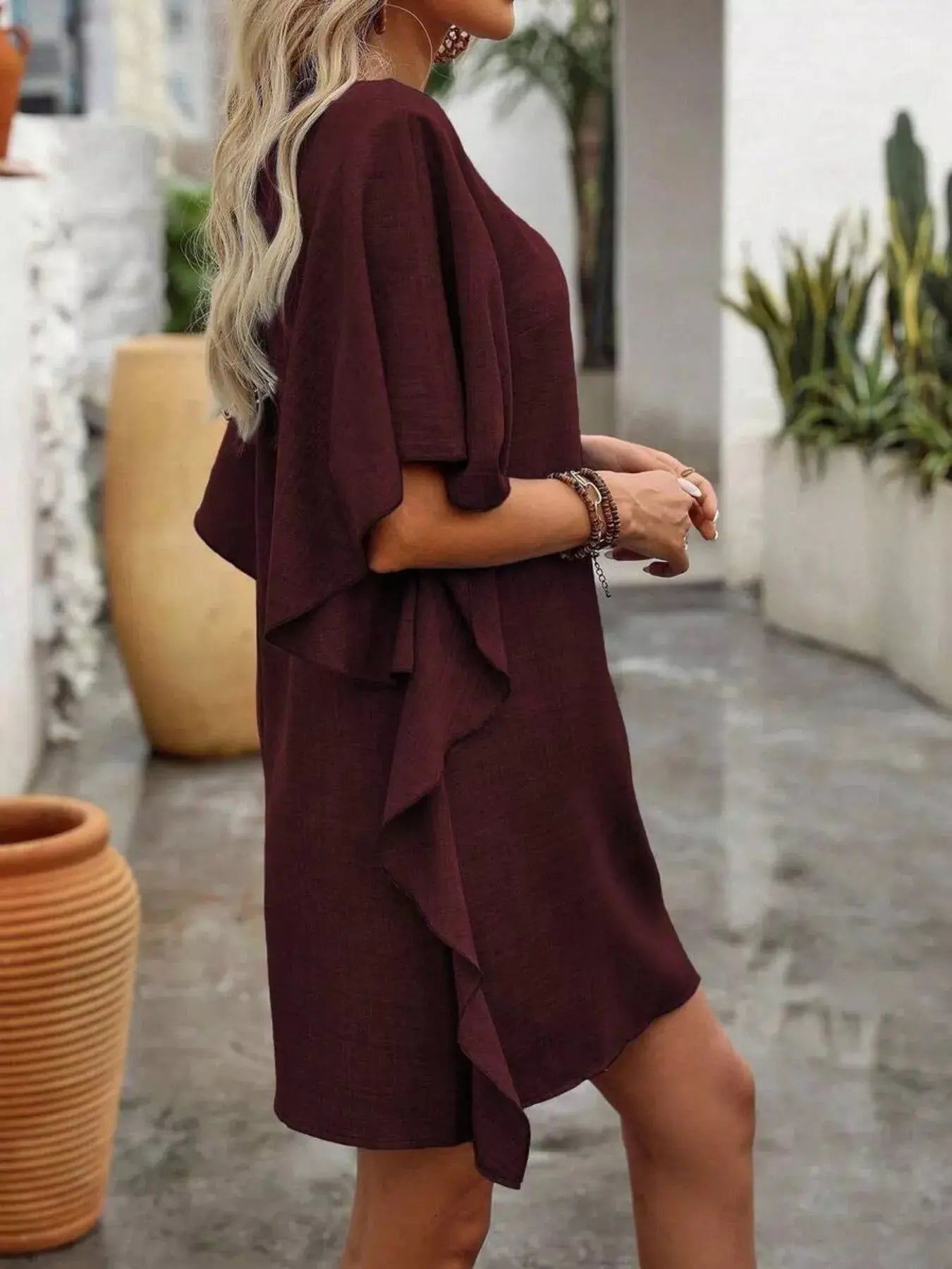 Ruffled Flutter Sleeve V - Neck Mini Dress