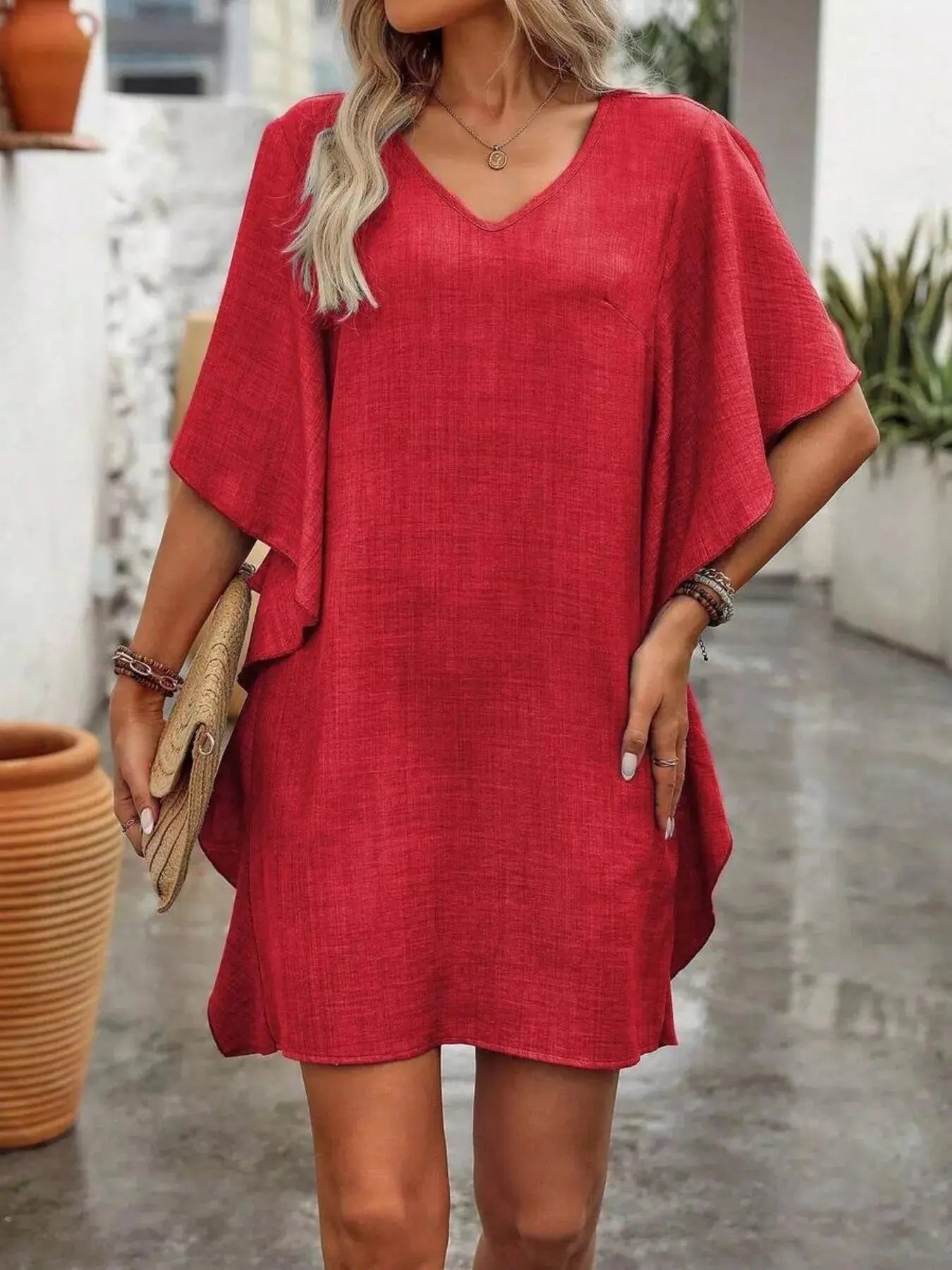 Ruffled Flutter Sleeve V - Neck Mini Dress