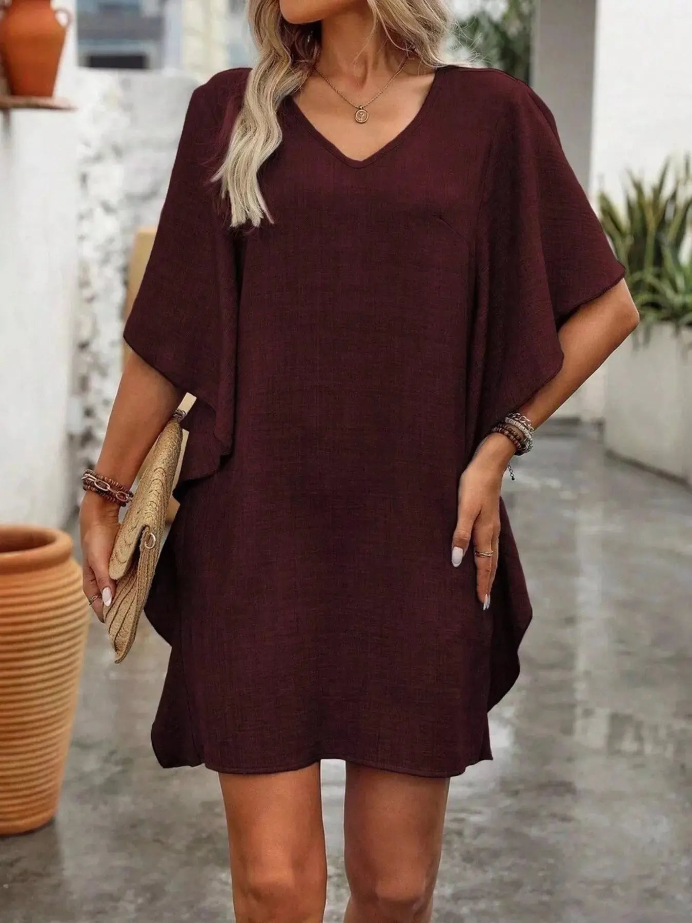 Ruffled Flutter Sleeve V - Neck Mini Dress