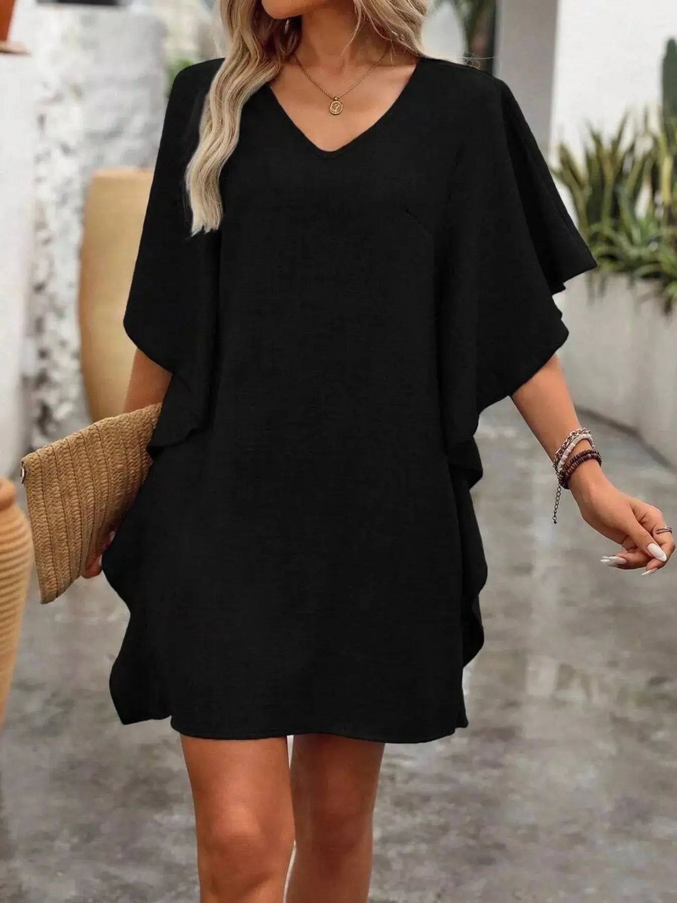 Ruffled Flutter Sleeve V - Neck Mini Dress