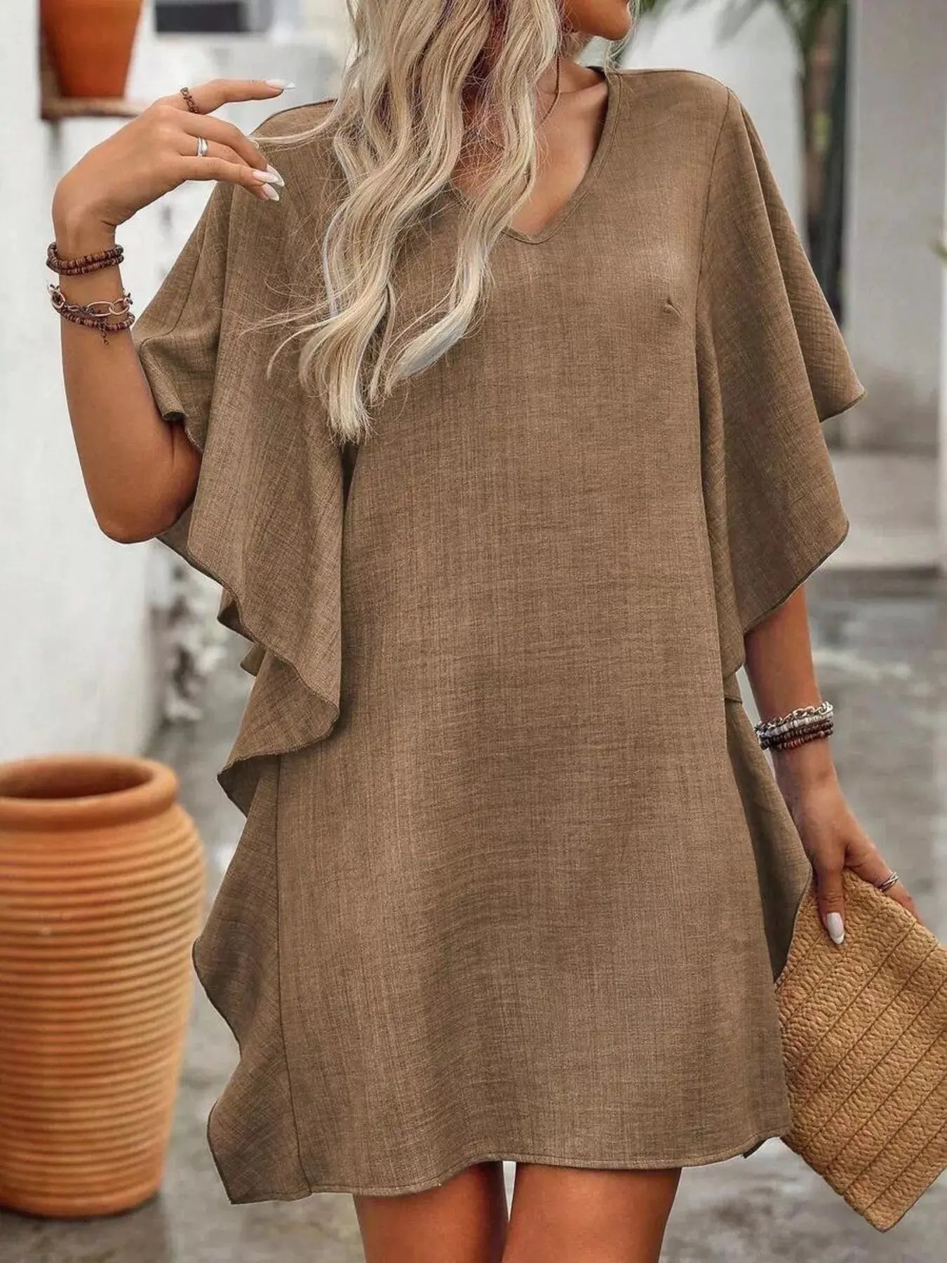 Ruffled Flutter Sleeve V - Neck Mini Dress