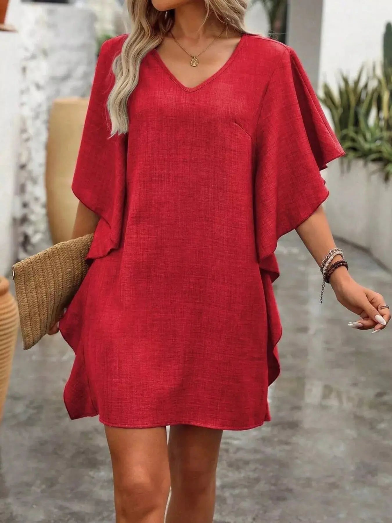 Ruffled Flutter Sleeve V - Neck Mini Dress