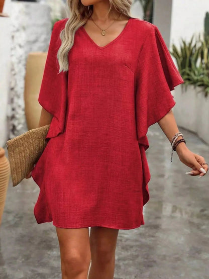 Ruffled Flutter Sleeve V - Neck Mini Dress