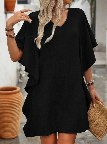 Ruffled Flutter Sleeve V - Neck Mini Dress