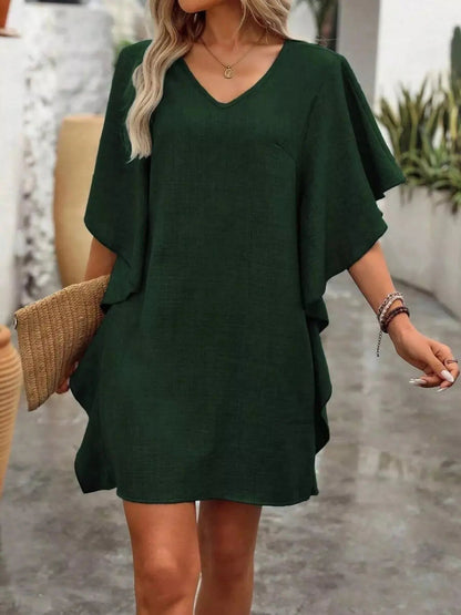 Ruffled Flutter Sleeve V - Neck Mini Dress