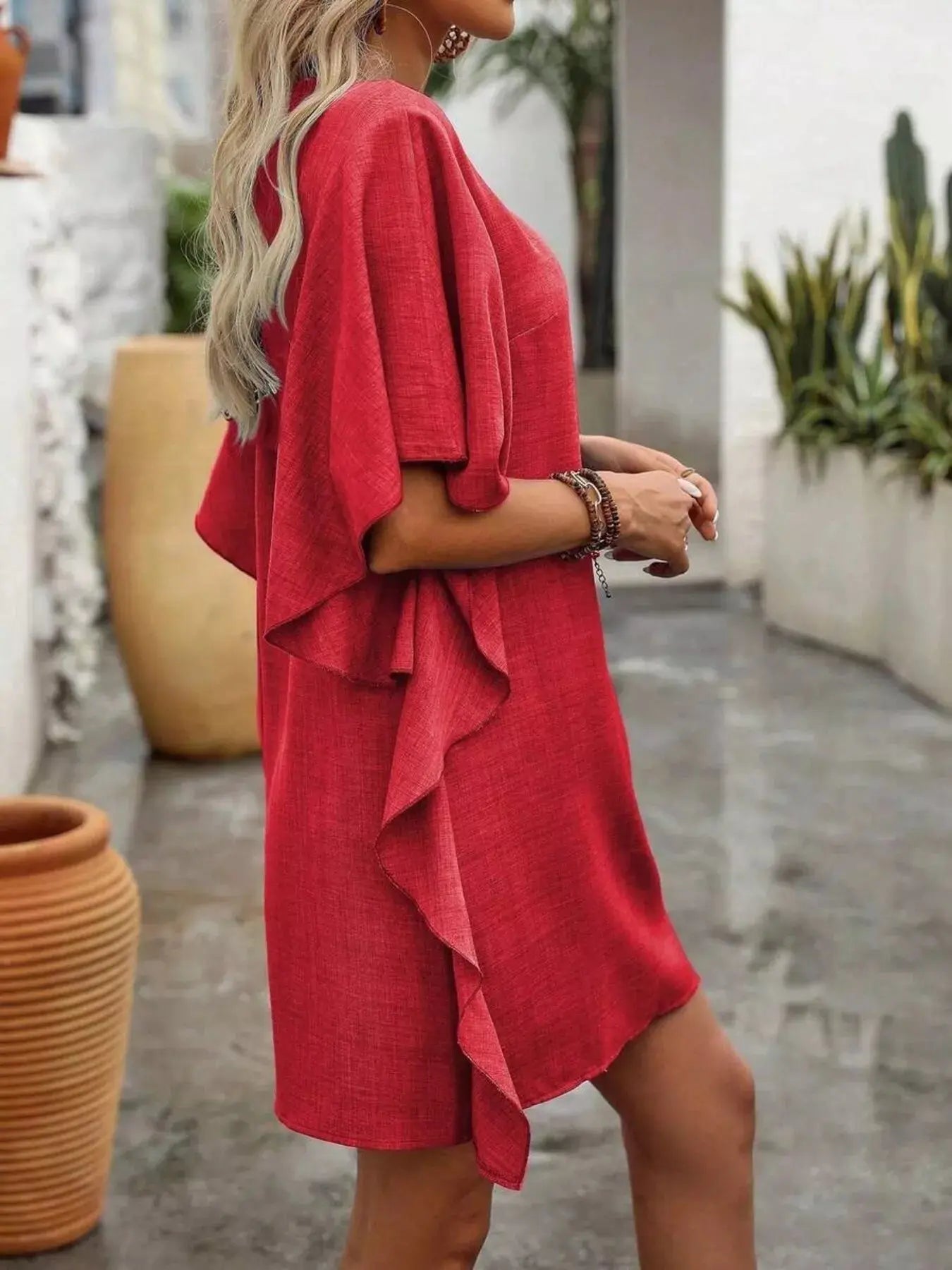 Ruffled Flutter Sleeve V - Neck Mini Dress