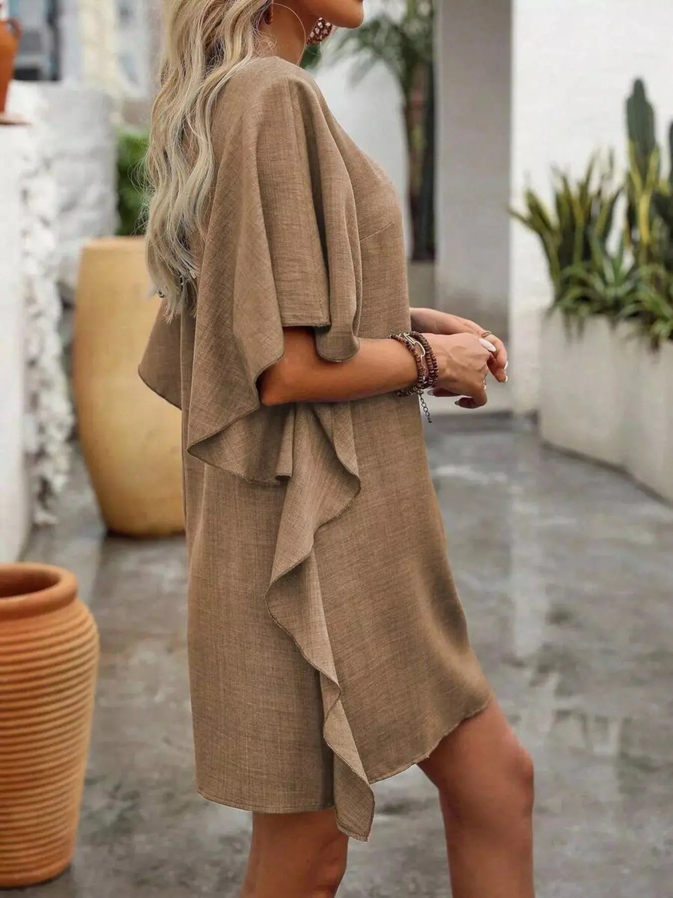 Ruffled Flutter Sleeve V - Neck Mini Dress