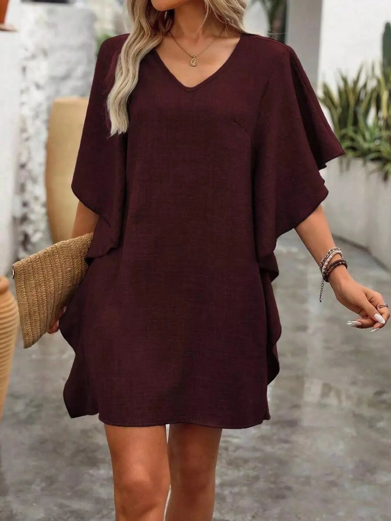 Ruffled Flutter Sleeve V - Neck Mini Dress