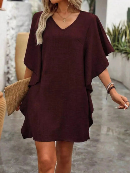 Ruffled Flutter Sleeve V - Neck Mini Dress
