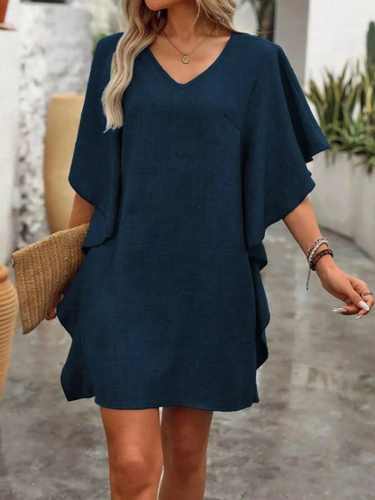 Ruffled Flutter Sleeve V - Neck Mini Dress