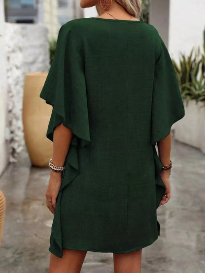 Ruffled Flutter Sleeve V - Neck Mini Dress