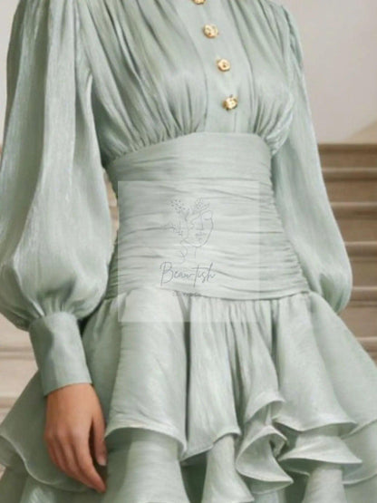 Ruffled Layered Lantern Sleeve Mini Dress