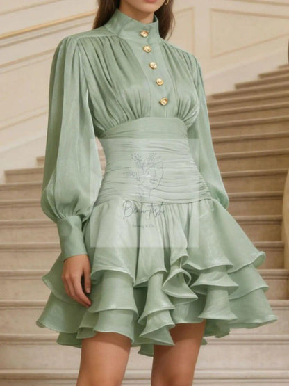 Ruffled Layered Lantern Sleeve Mini Dress