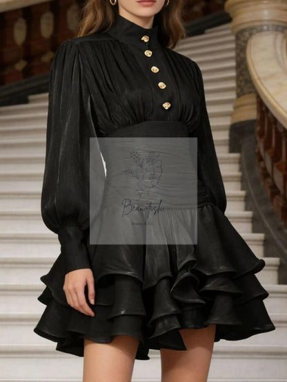 Ruffled Layered Lantern Sleeve Mini Dress