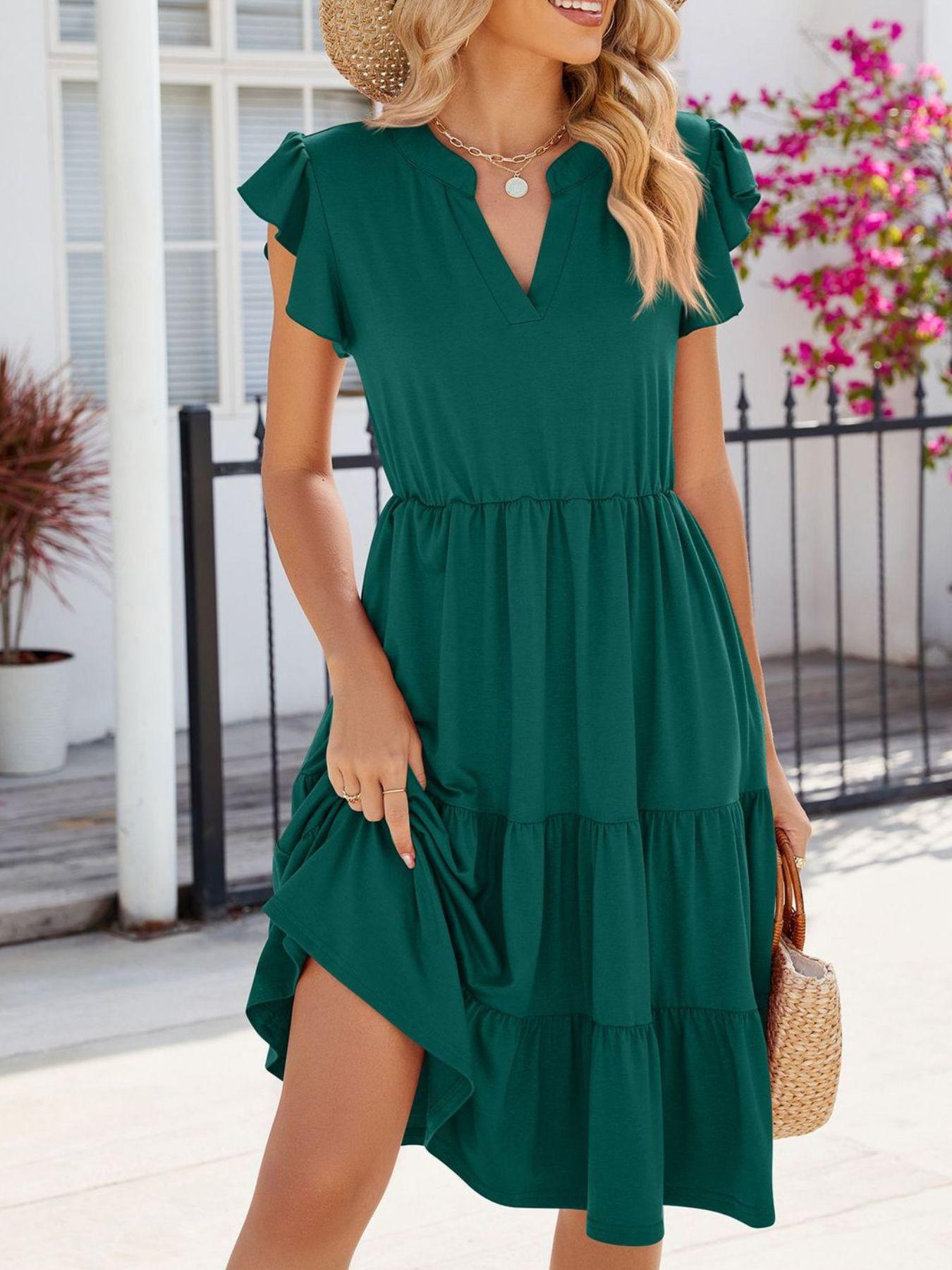 Ruffled Notched Tiered Midi Dress