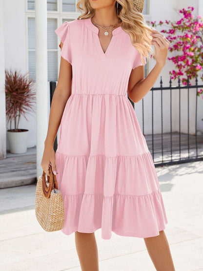 Ruffled Notched Tiered Midi Dress