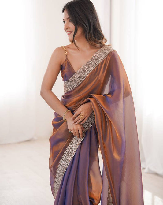Rust Embroidered Tissue Saree