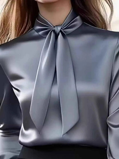 Satin Bow Tie Long Sleeve Blouse