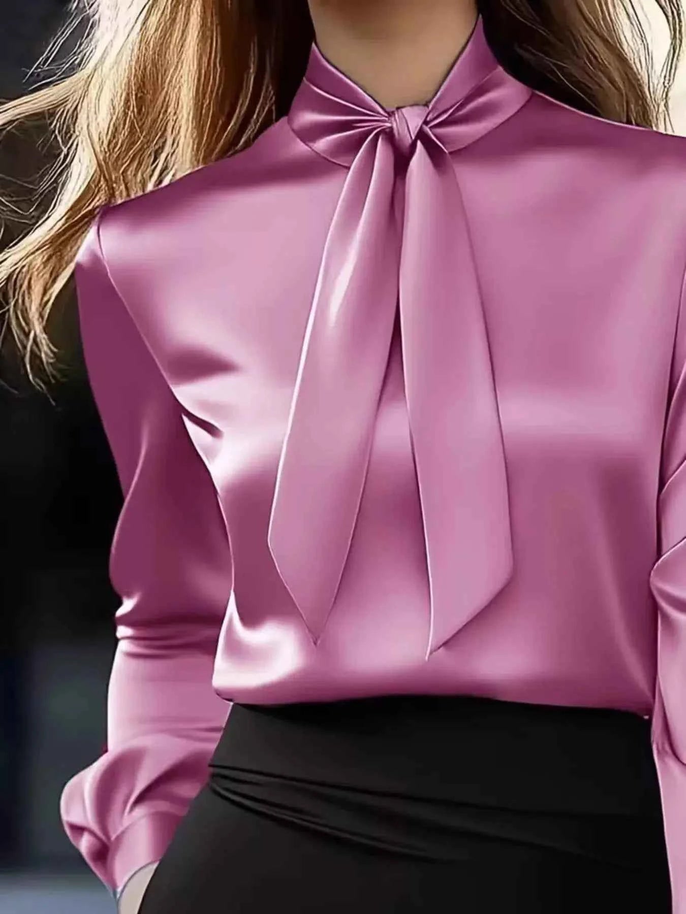 Satin Bow Tie Long Sleeve Blouse