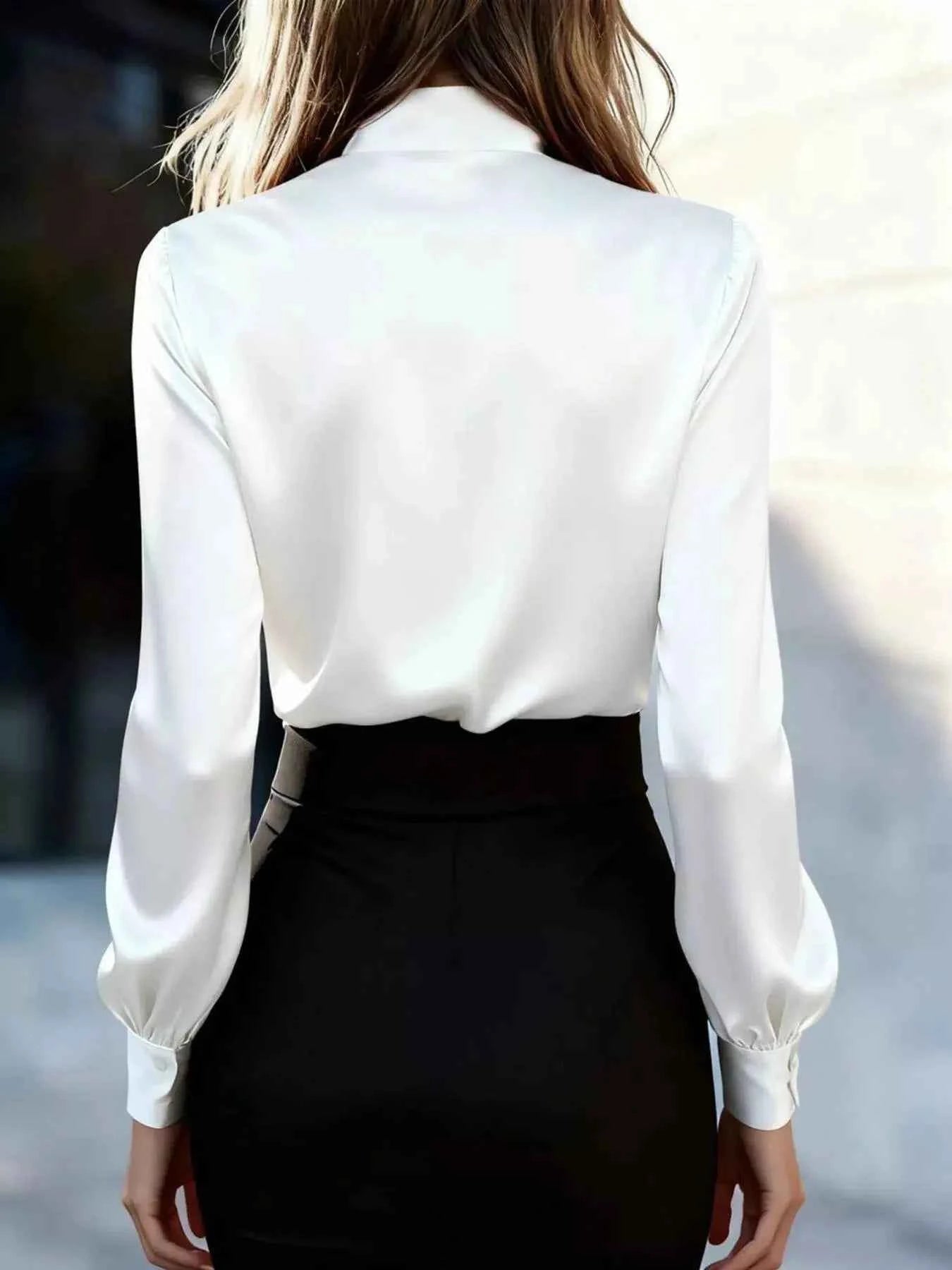 Satin Bow Tie Long Sleeve Blouse