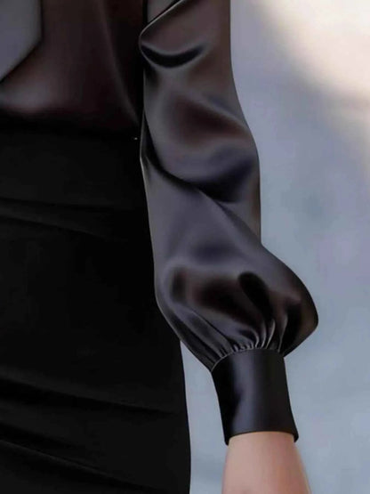Satin Bow Tie Long Sleeve Blouse