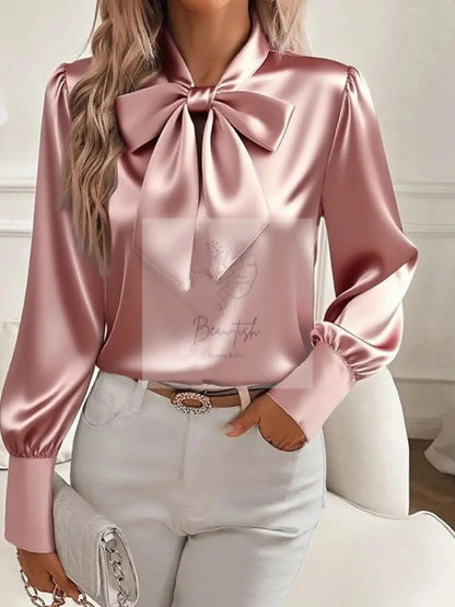 Satin Bow Tie Long Sleeve Top